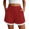 thumbnail image 1 of cocolona Womens Summer Casual Lace Shorts Solid Color Elastic Waist Drawstring Vacation Beach Shorts with Pocke, 1 of 5