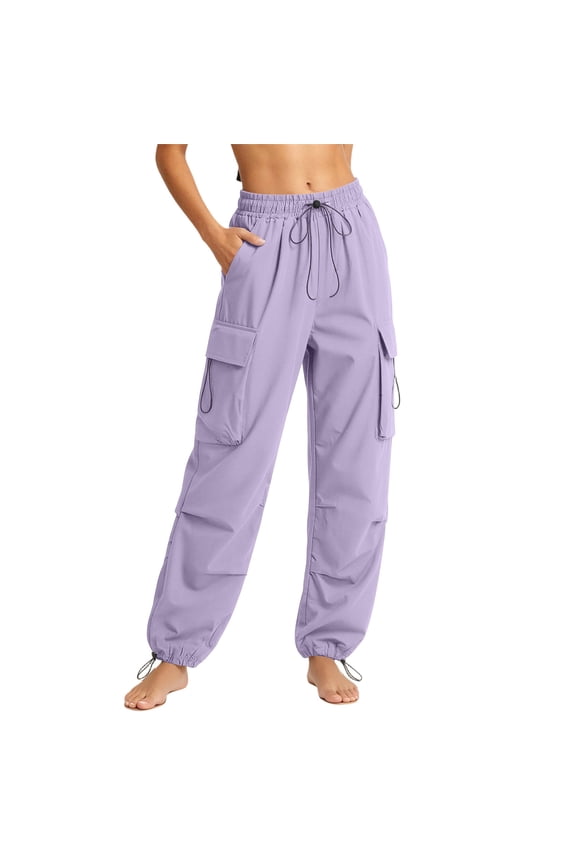 Womens Summer Casual Lightweight Parachute Pants Elastic Waist Drawstring Straight Cargo Pants with Pockets
