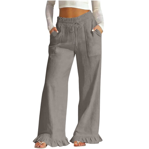 cocolona Womens Summer Casual Linen Pants Elastic Waist Drawstring Ruffle Wide Leg Travel Lounge Pants with Pockets