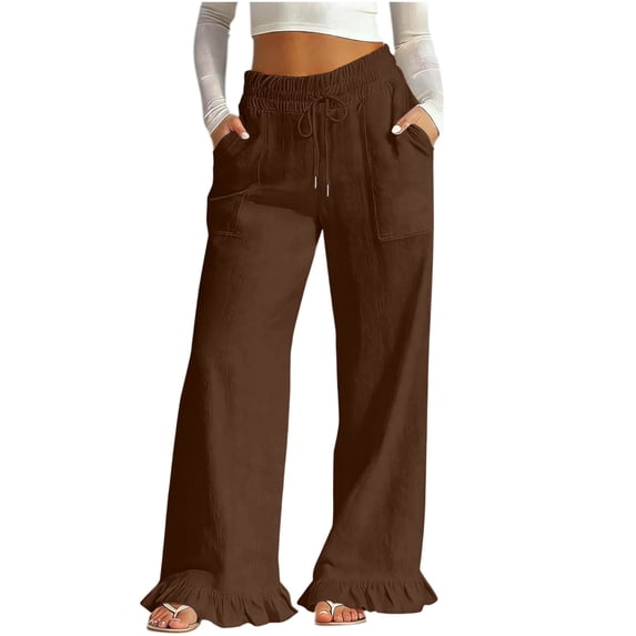 cocolona Womens Summer Casual Linen Pants Elastic Waist Drawstring Ruffle Wide Leg Travel Lounge Pants with Pockets