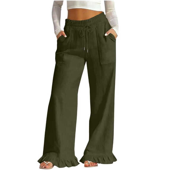cocolona Womens Summer Casual Linen Pants Elastic Waist Drawstring Ruffle Wide Leg Travel Lounge Pants with Pockets
