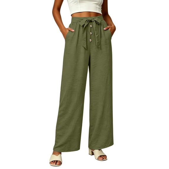 cocolona Womens Summer Casual Linen Pants Elastic Waist Drawstring Wide Leg Vacation Beach Pants with Pockets
