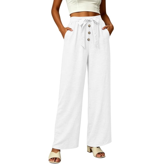 cocolona Womens Summer Casual Linen Pants Elastic Waist Drawstring Wide Leg Vacation Beach Pants with Pockets