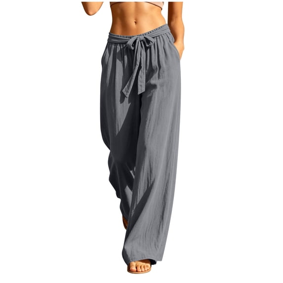 cocolona Womens Summer Casual Linen Pants Elastic Waist Drawstring Wide Leg Vacation Beach Pants with Pockets