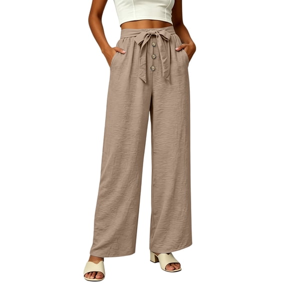 cocolona Womens Summer Casual Linen Pants Elastic Waist Drawstring Wide Leg Vacation Beach Pants with Pockets