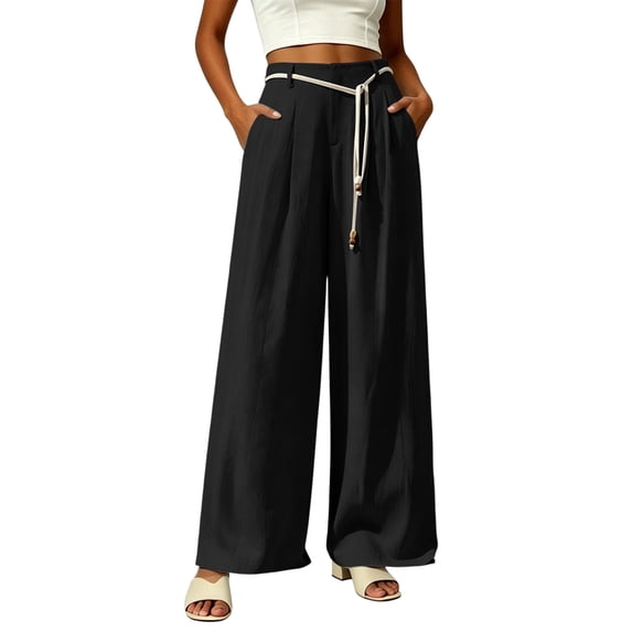 cocolona Womens Summer Casual Linen Pants Elastic Waist Straight Wide Leg Vacation Lounge Pants with Pockets