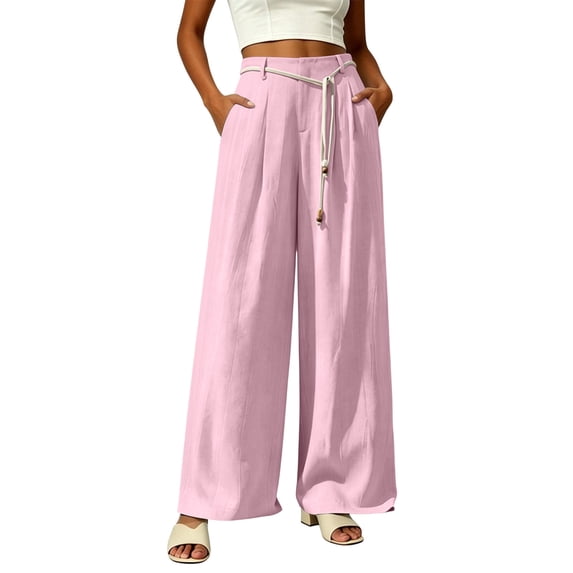 cocolona Womens Summer Casual Linen Pants Elastic Waist Straight Wide Leg Vacation Lounge Pants with Pockets