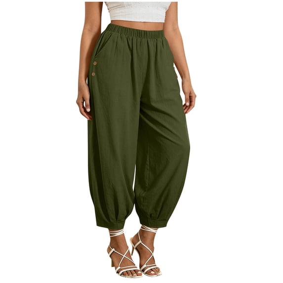 cocolona Womens Summer Casual Linen Pants Solid Color Elastic Waist Straight Vacation Beach Pants with Pockets