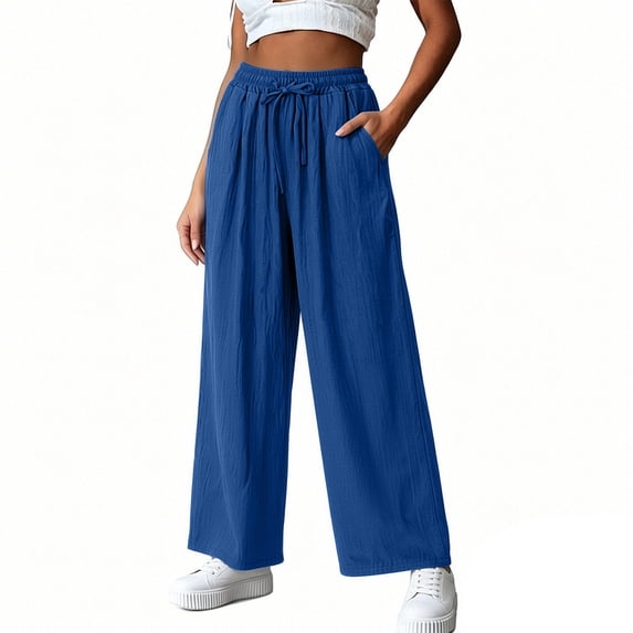 cocolona Womens Summer Casual Loose Linen Pants Elastic Waist Straight Wide Leg Beach Pants with Pockets