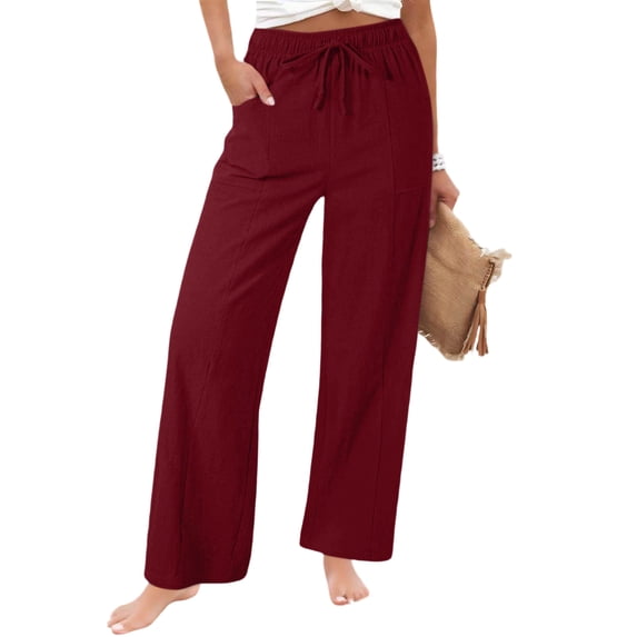 cocolona Womens Summer Casual Loose Linen Pants Elastic Waist Straight Wide Leg Beach Vacation Pants with Pockets