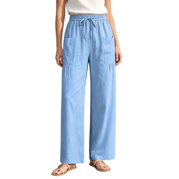 cocolona Womens Summer Casual Loose Linen Pants Elastic Waist Straight Wide Leg Vacation Beach Pants with Pockets