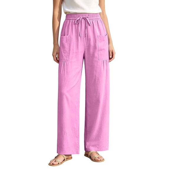 cocolona Womens Summer Casual Loose Linen Pants Elastic Waist Straight Wide Leg Vacation Beach Pants with Pockets