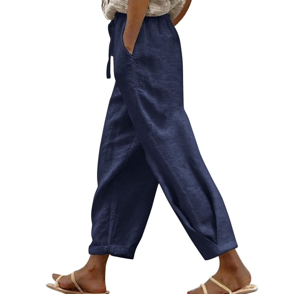 cocolona Womens Summer Casual Loose Linen Pants Solid Color Elastic Waist Drawstring Beach Trousers with Pocket