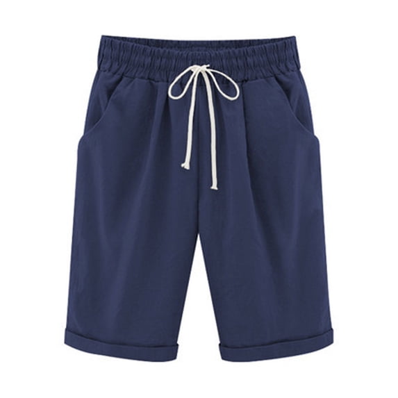 cocolona Womens Summer Casual Loose Linen Plus Size Shorts Elastic Waist Straight Knee Length Beach Shorts with Pocket