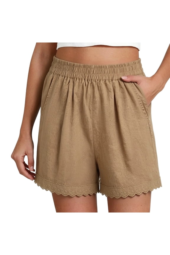 Womens Summer Casual Loose Linen Shorts Elastic Waist Wide Leg Lace Pajama Shorts with Pockets