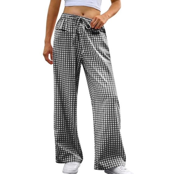 cocolona Womens Summer Casual Loose Plaid Pants Elastic Waist Straight Wide Leg Vacation Trousers with Pocket