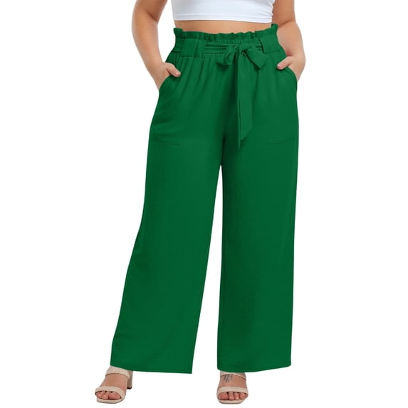 cocolona Womens Summer Casual Loose Plus Size Pants Elastic Waist Straight Wide Leg Vacation Lounge Trousers with Pockets
