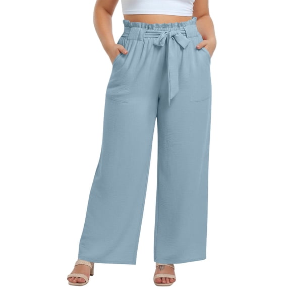 cocolona Womens Summer Casual Loose Plus Size Pants Elastic Waist Straight Wide Leg Vacation Lounge Trousers with Pockets
