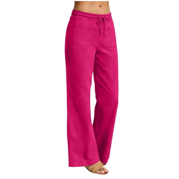 cocolona Womens Summer Casual Loose Wide Leg Pants Solid Color Elastic Waist Straight Beach Trousers with Pockets
