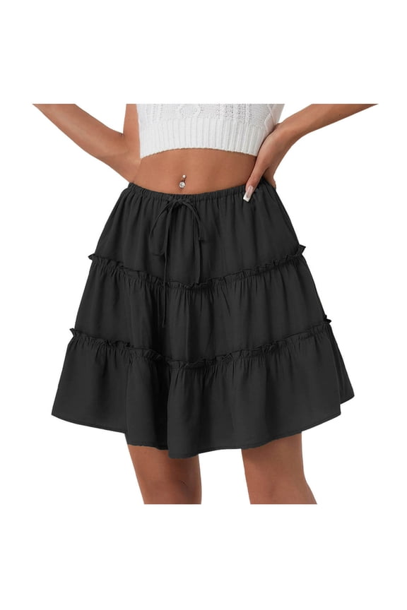Womens Summer Casual Pleated Mini Skirts Elastic Waist Drawstring Ruffle Flowy Beach Vacation Skirts Black XL