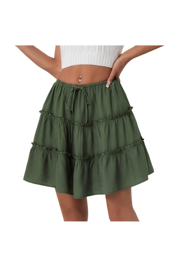 Womens Summer Casual Pleated Mini Skirts Elastic Waist Drawstring Ruffle Flowy Beach Vacation Skirts Green S