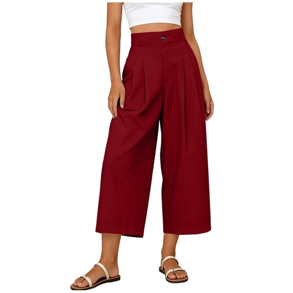 cocolona Womens Summer Casual Pleated Pants Elastic Waist Straight Wide Leg Vacation Beach Cropped Trousers with Pocket