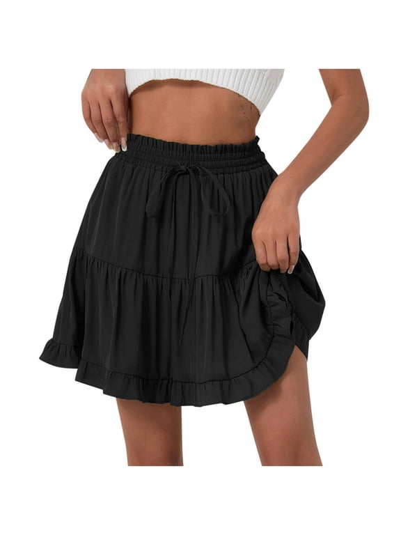 Womens Summer Casual Pleated Ruffle Mini Skirts Elastic Waist Drawstring Flowy Beach Vacation Skirts Black L