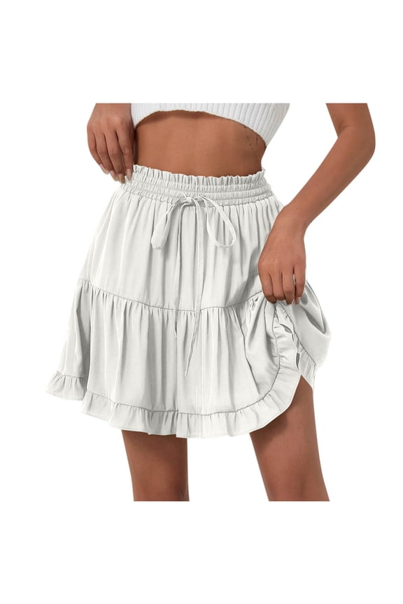 Womens Summer Casual Pleated Ruffle Mini Skirts Elastic Waist Drawstring Flowy Beach Vacation Skirts White S