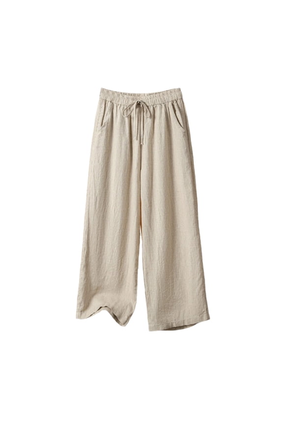 Womens Summer Casual Plus Size Beach Pants Elastic Waist Straight Wide Leg Palazzo Pants with Pocket