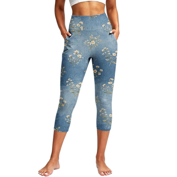 cocolona Womens Summer Casual Printed Capri Leggings Elastic Waist Stretch Cropped Workout Gym Yoga Pants with Pockets