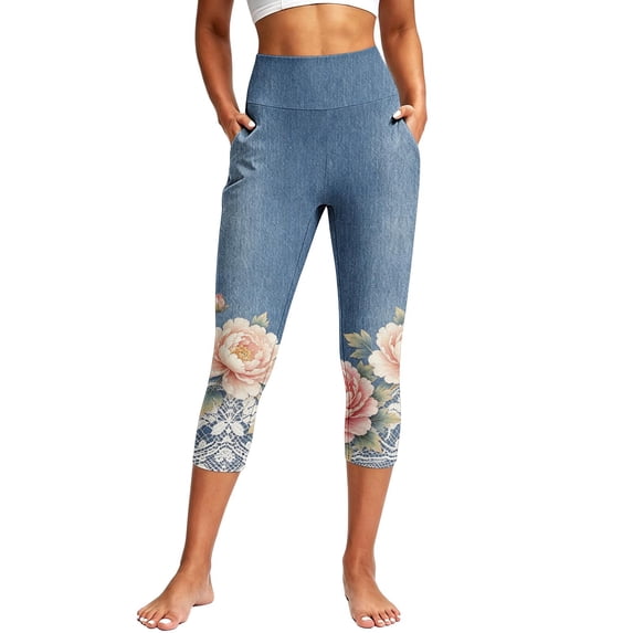 cocolona Womens Summer Casual Printed Capri Leggings Elastic Waist Stretch Cropped Workout Gym Yoga Pants with Pockets