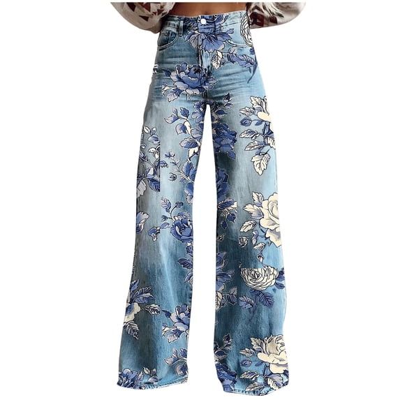 cocolona Womens Summer Casual Printed False Jeans Button Zipper Waist Straight Wide Leg Vacation Street Pants with Pockets