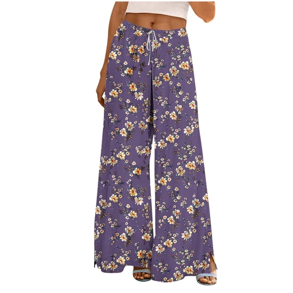 cocolona Womens Summer Casual Printed Palazzo Pants Elastic Waist Wide Leg Split Vacation Travel Lounge Trousers with Pocket