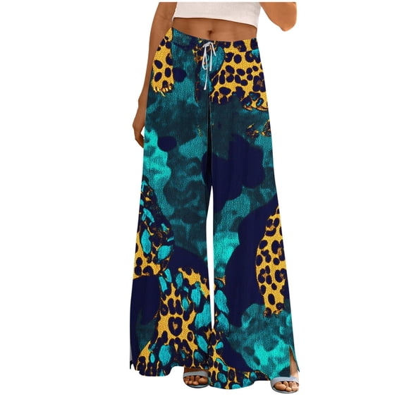 cocolona Womens Summer Casual Printed Palazzo Pants Elastic Waist Drawstring Splited Wide Leg Vacation Travel Lounge Trousers with Pockets