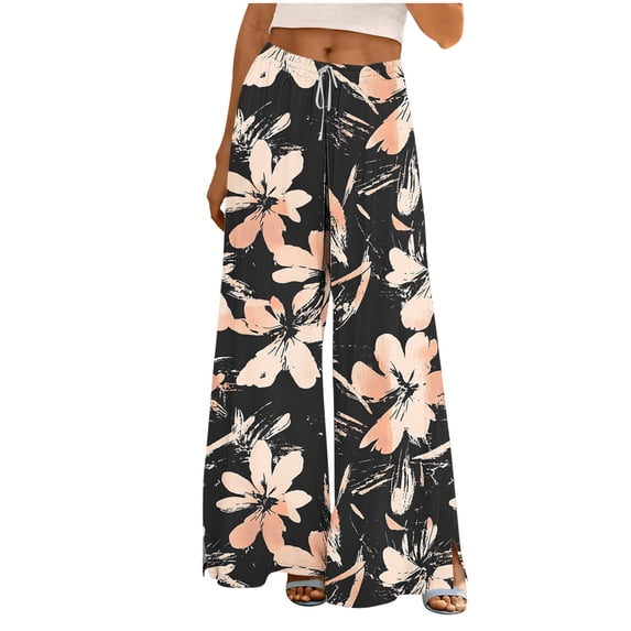 cocolona Womens Summer Casual Printed Palazzo Pants Elastic Waist Wide Leg Split Vacation Travel Lounge Trousers with Pocket