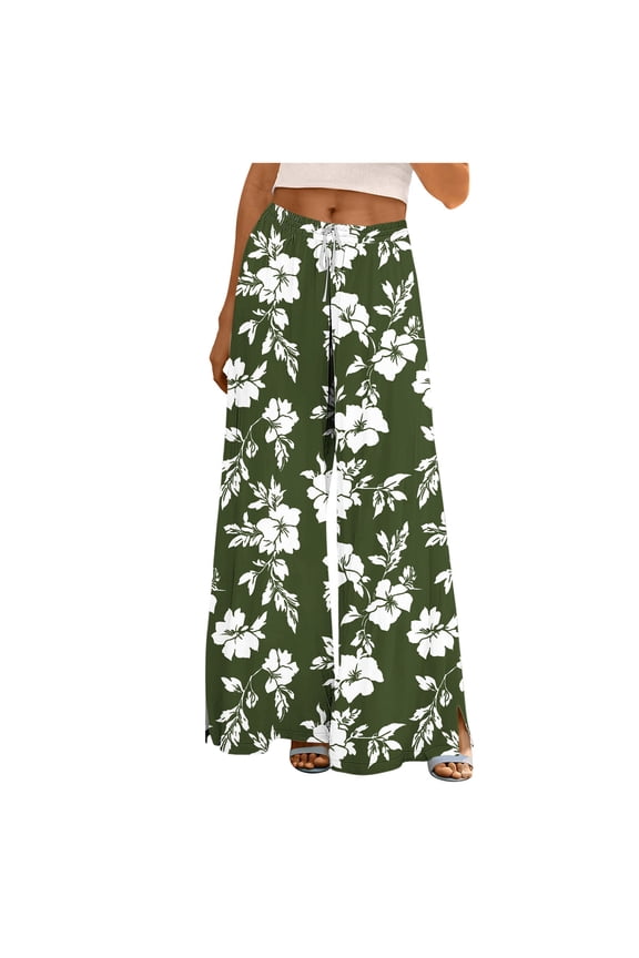 Womens Summer Casual Printed Wide Leg Pants Split Leg Elastic Waist Drawstring Travel Lounge Trousers
