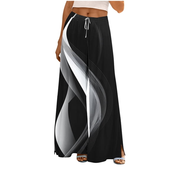 cocolona Womens Summer Casual Printed Wide Leg Pants Split Leg Elastic Waist Drawstring Travel Lounge Trousers