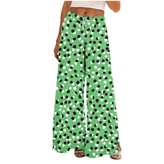 cocolona Womens Summer Casual Printed Wide Leg Pants Split Leg Elastic Waist Drawstring Travel Lounge Trousers