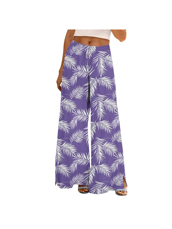 Womens Summer Casual Printed Wide Leg Pants Split Leg Elastic Waist Drawstring Travel Lounge Trousers