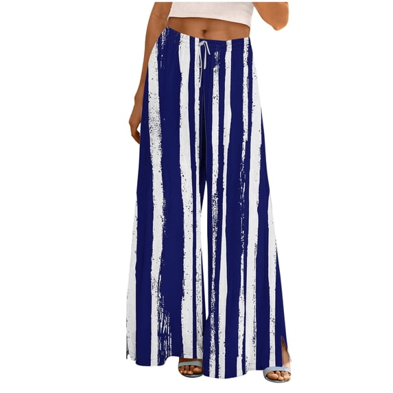 cocolona Womens Summer Casual Printed Wide Leg Pants Split Leg Elastic Waist Drawstring Travel Lounge Trousers