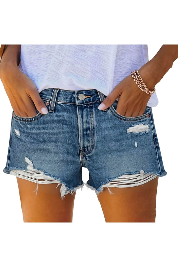 Womens Summer Casual Ripped Fringed Jean Shorts Button Zipper Waist Wide Leg Mini Denim Shorts with Pockets