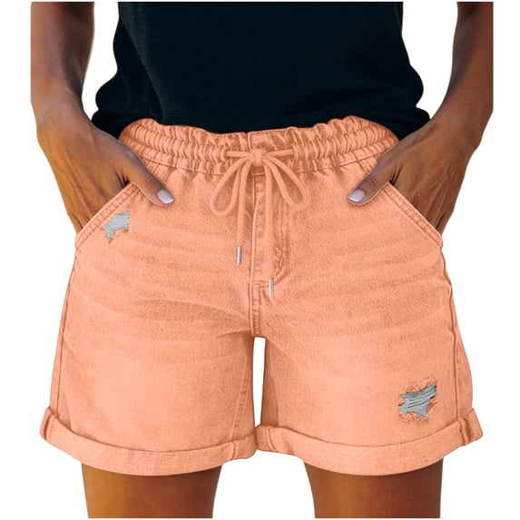 cocolona Womens Summer Casual Ripped Jean Shorts Elastic Waist Straight Cuffed Wide Leg Denim Shorts with Pockets
