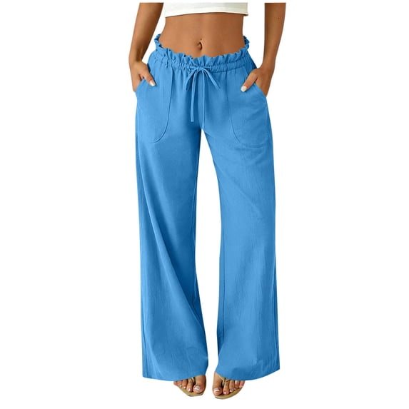 cocolona Womens Summer Casual Ruffled Beach Pants Elastic Waist Straight Wide Leg Lounge Vacation Trousers with Pockets