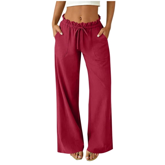 cocolona Womens Summer Casual Ruffled Beach Pants Elastic Waist Straight Wide Leg Lounge Vacation Trousers with Pockets