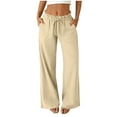 thumbnail image 1 of cocolona Womens Summer Casual Ruffled Beach Pants Elastic Waist Straight Wide Leg Lounge Vacation Trousers with Pockets, 1 of 5