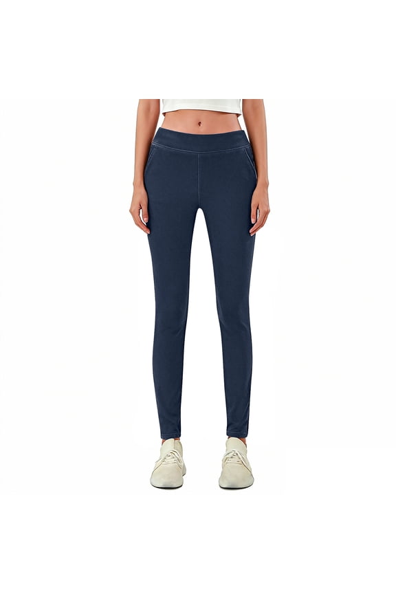 Womens Summer Casual Stretch Jean Pants Elastic Waist Straight Vacation Lounge Leggings with Pockets
