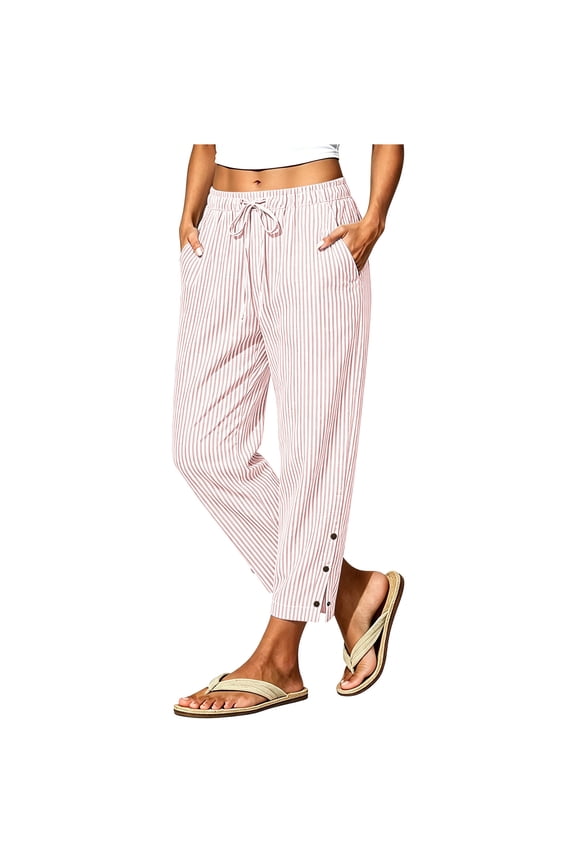 Womens Summer Casual Striped Beach Pants Elastic Waist Drawstring Splited Leg Travel Lounge Pants with Pockets