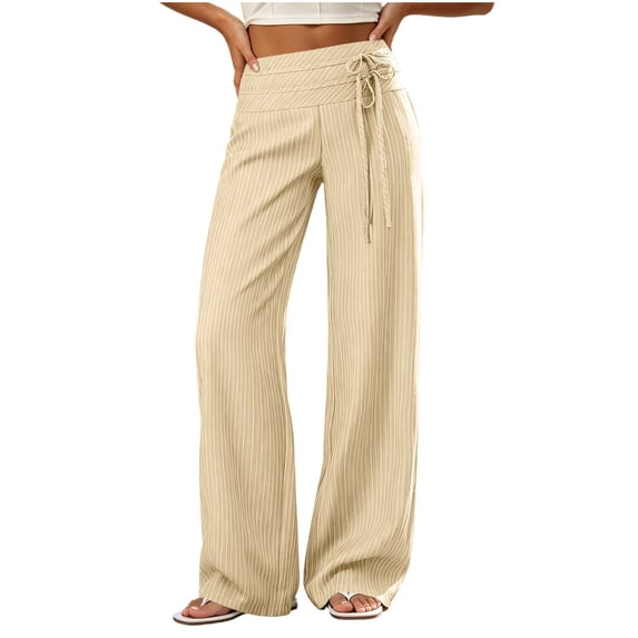 cocolona Womens Summer Casual Striped Dress Pants Elastic Waist Straight Wide Leg Work Pants with Pockets