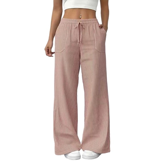 cocolona Womens Summer Casual Striped Wide Leg Pants Elastic Waist Straight Vacation Lounge Trousers with Pocket