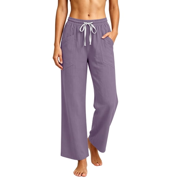 cocolona Womens Summer Casual Wide Leg Pants Elastic Waist Drawstring Straight Vacation Lounge Pants with Pockets